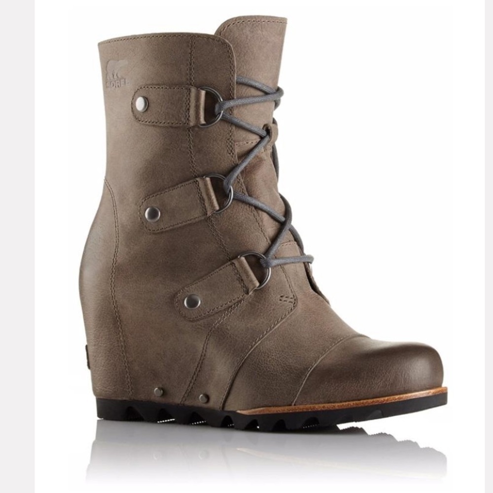 Sorel brown waterproof leather Joan Of Arctic Wedge Mid Boot in Dark Fog size 8